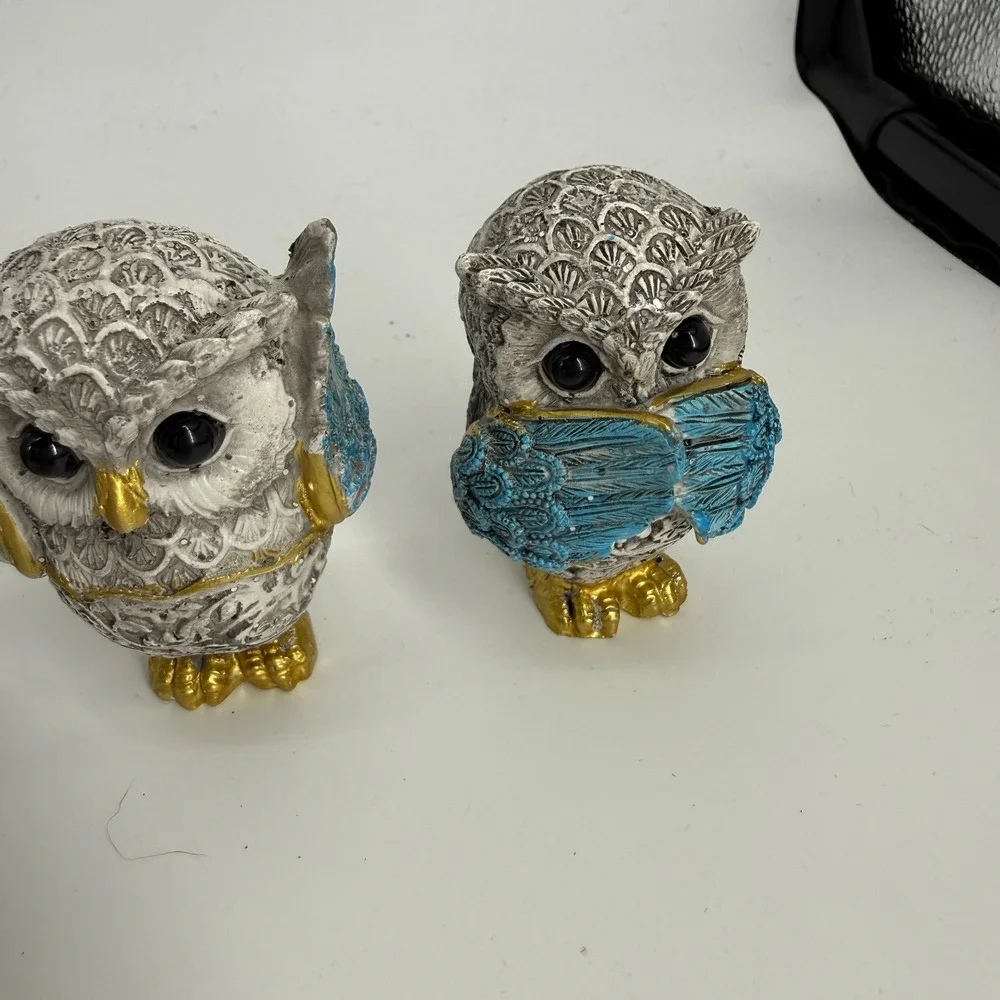 See, Hear & Speak No Evil Owl Set Figurine Statue Silver Gold‎ Blue 2.5